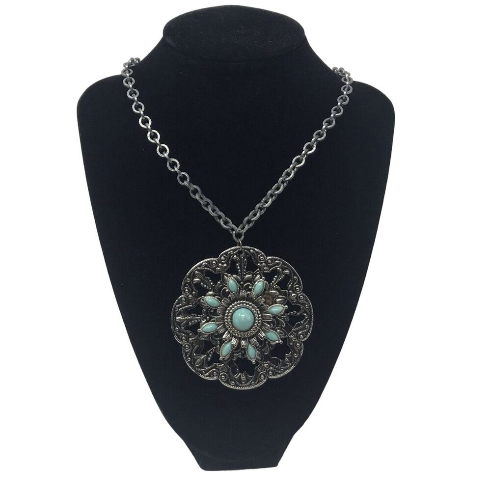 Ornate Pendant Princess Necklace Faux Turquoise  Silver-tone Vintage